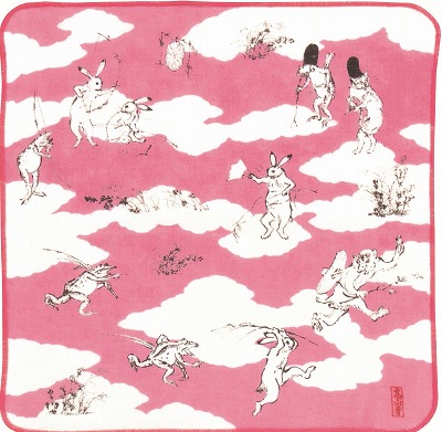 【ご紹介します！安心の日本製！鳥獣人物戯画ガーゼタオルハンカチ】猿追い ピンク