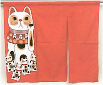 【大好評】人気の福まねき猫シリーズ のれん 白招き猫／赤