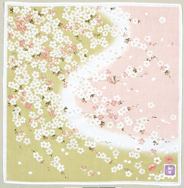 【ご紹介します！安心の日本製！友禅刺繍 刺繍ハンカチ】桜舞い　グリーン
