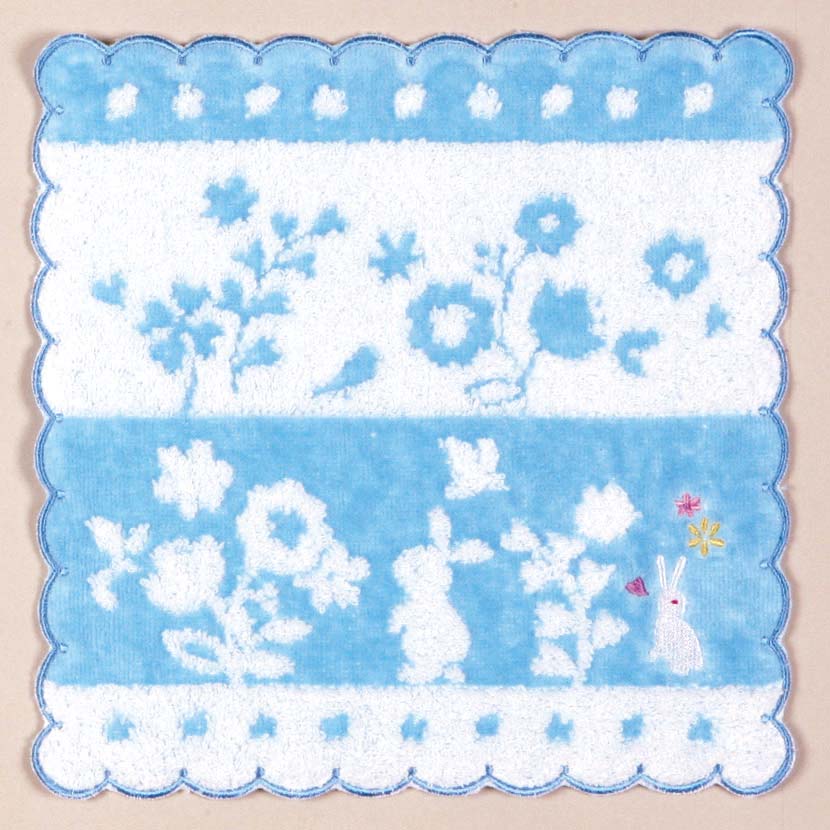 【ご紹介します！ぴょん屋 刺繍スカラータオル】花ボーダーうさぎ　ブルー