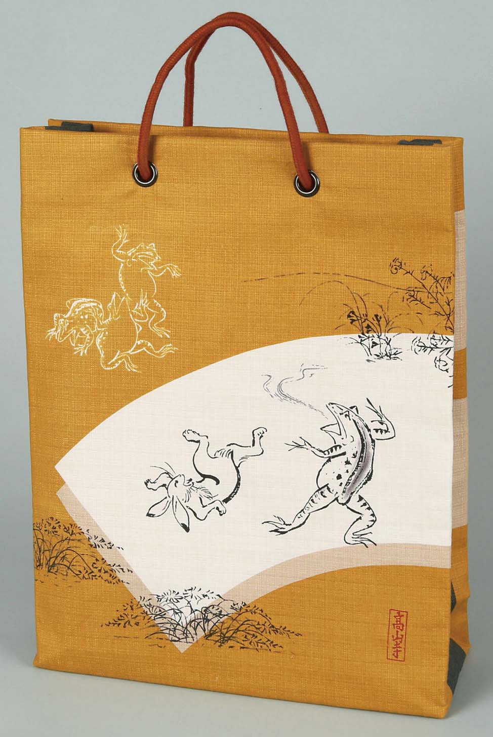 【ご紹介します！安心の日本製！高山寺公認 国宝 鳥獣人物戯画シリーズ】ショッピングバッグ　カラシ