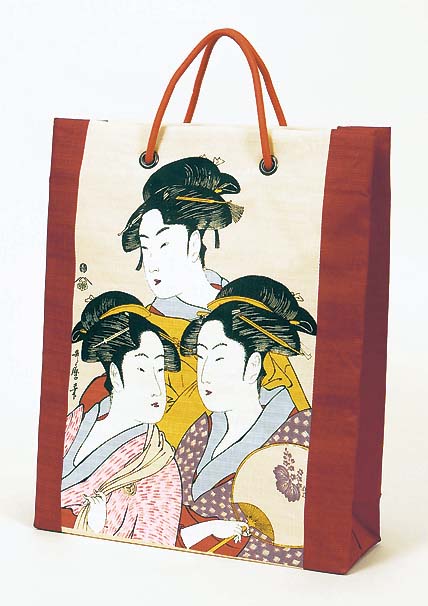 【ご紹介します！安心の日本製！海外土産好適品！京彩 ショッピングバッグ】浮世絵三人　アカ