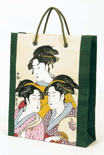 【ご紹介します！安心の日本製！海外土産好適品！京彩 ショッピングバッグ】浮世絵三人　グリーン
