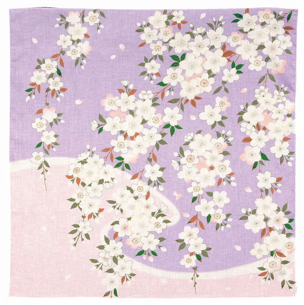 【新登場！日本製！美しい花々の上品なハンカチーフ】百花繚乱　大判ハンカチ　枝垂れ桜　 Aパープル