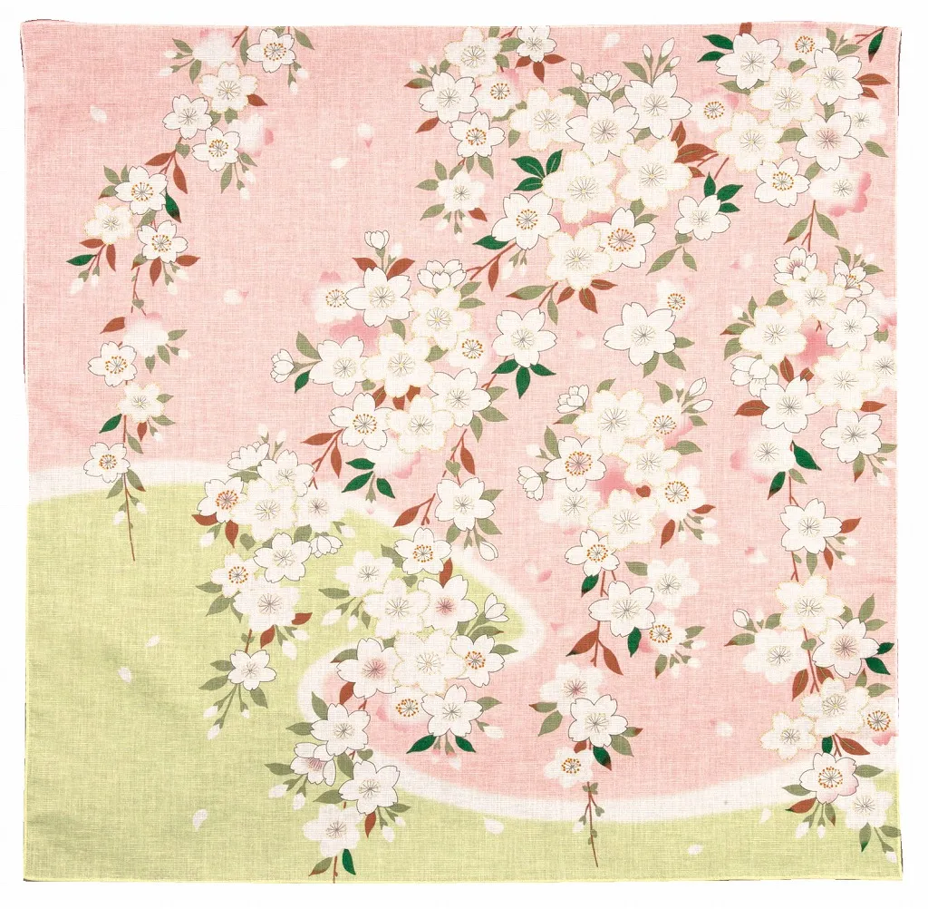 【新登場！日本製！美しい花々の上品なハンカチーフ】百花繚乱　大判ハンカチ　枝垂れ桜　B ピンク
