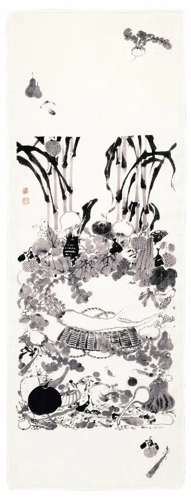 【新登場！安心の日本製！京都の奇才画家の絵がえがかれた二重ガーゼ手拭い】果蔬涅槃図