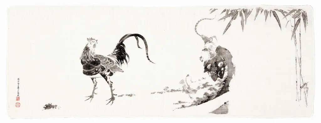 【新登場！安心の日本製！京都の奇才画家の絵がえがかれた二重ガーゼ手拭い】群鶏図